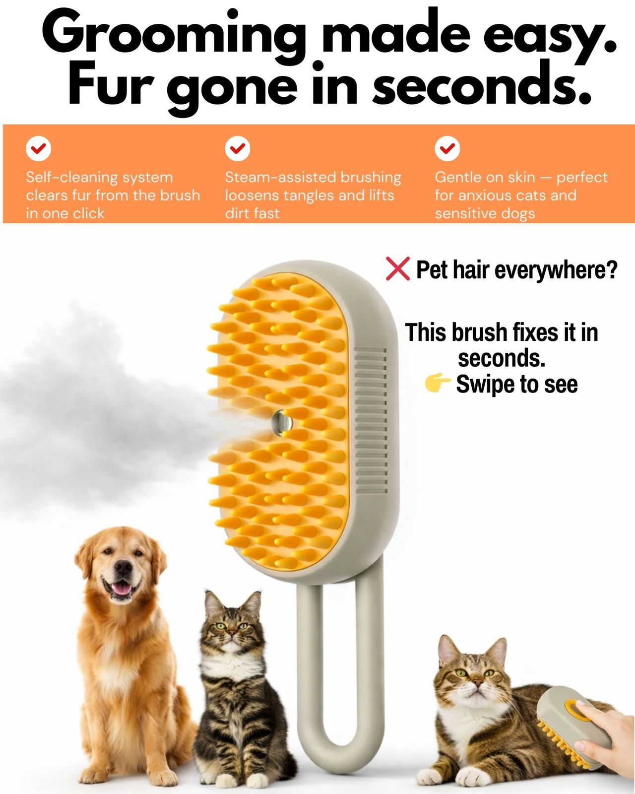 Self-Cleaning Steam Brush for Cats & Dogs